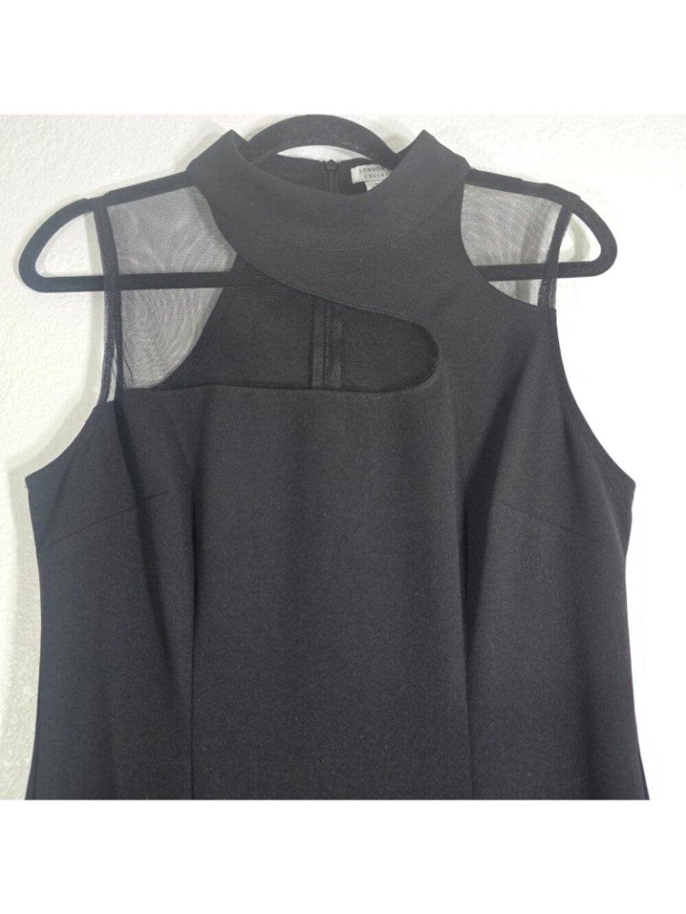 London Style Maxi Dress Women Size 12 Mesh Asymmetrical Neckline Black Slit - Picture 2 of 9